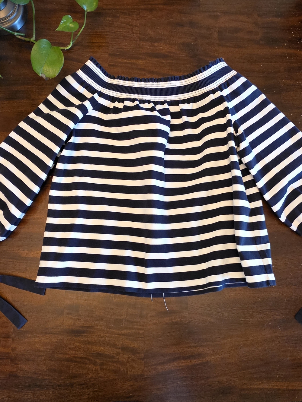 J. Crew Navy and White Striped Off-Shoulder Blouse